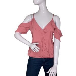 Moa-Moa Top Cold Shoulder Size L Pink Ruffled Sleeves and Neckline